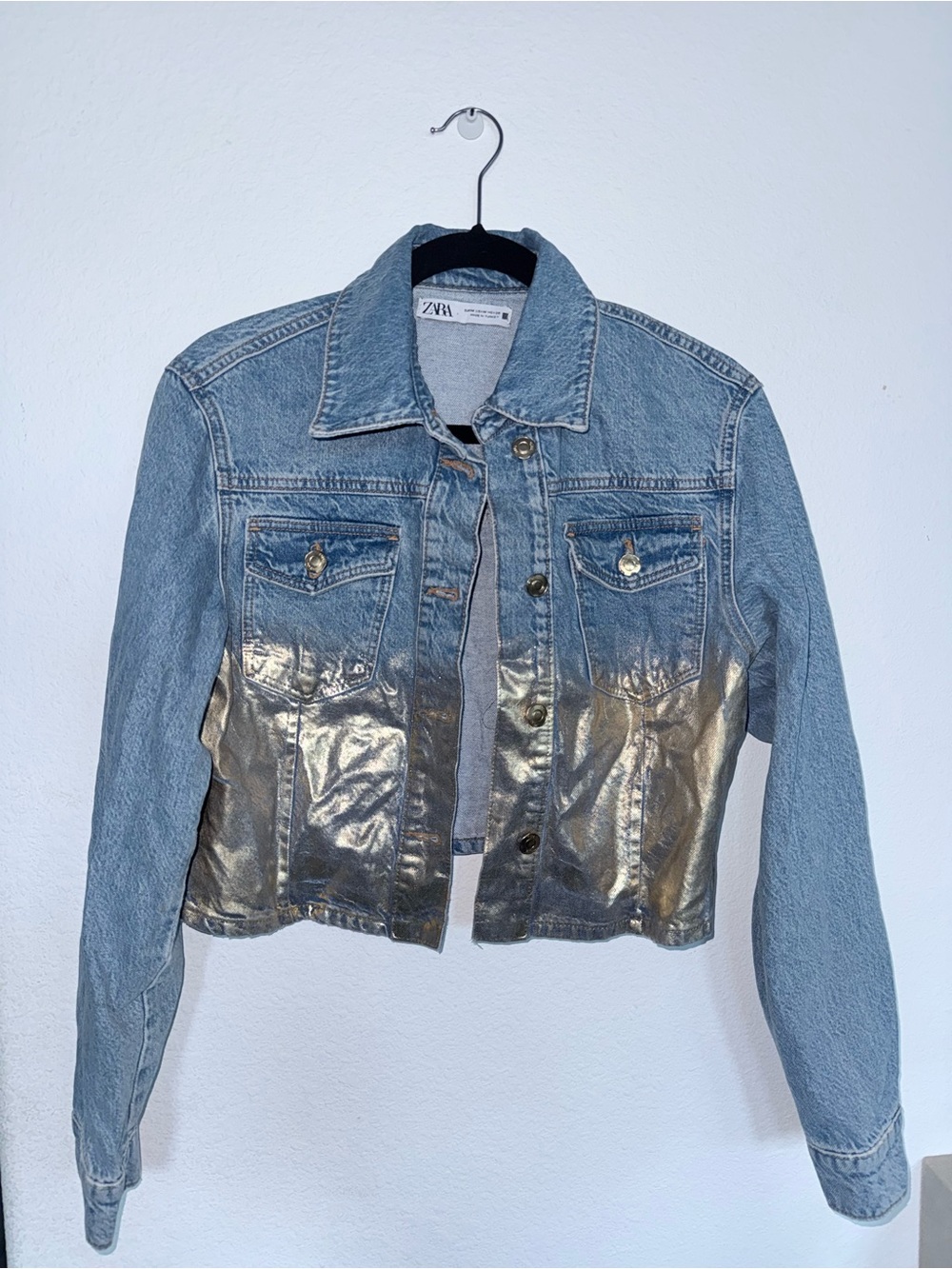 Zara Light Blue Denim Jacket with Metallic Gold Accents